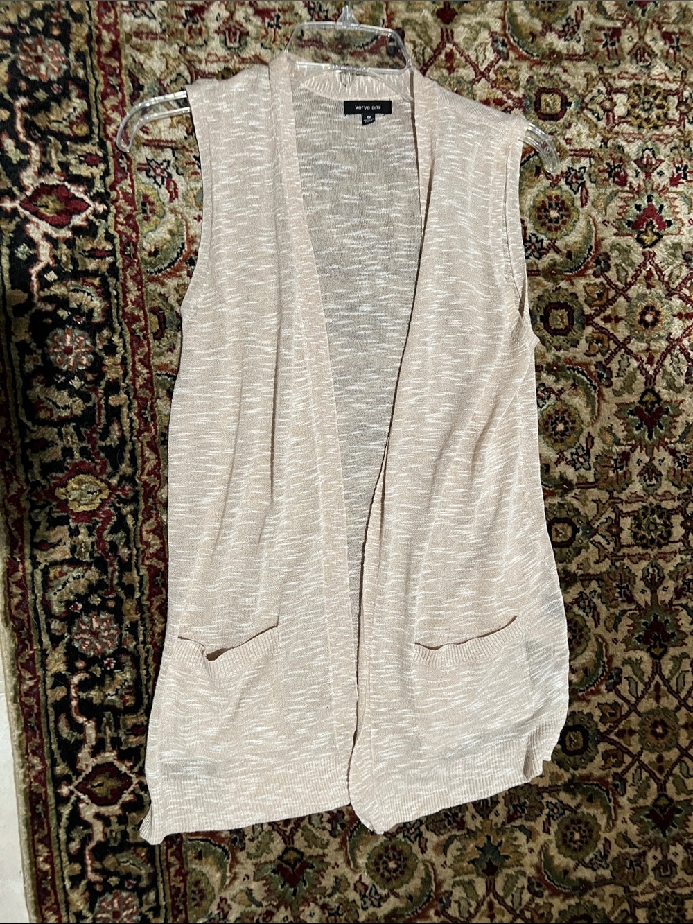 Verve Ami Ultra Light Beige Knit Open Long Vest Size Medium